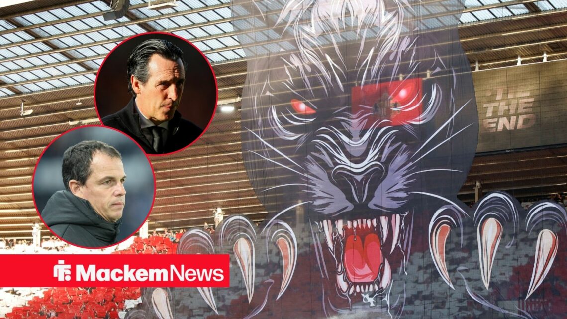 Regis Le Bris and Unai Emery looking on in frame with the Stadium of Light display