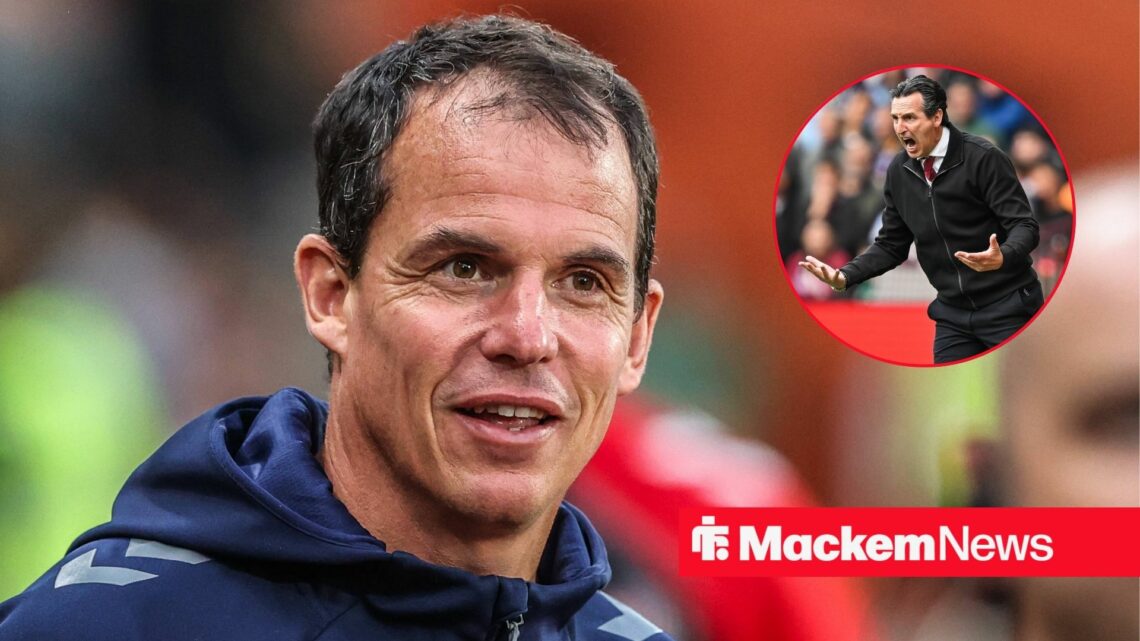 Regis Le Bris smiles with Unai Emery in a circular inset.