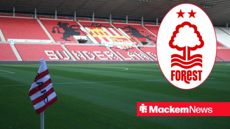 The Stadium of Light alongside a circle inset of the Nottingham Forest badge.