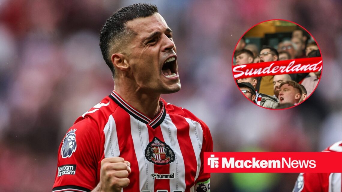 Granit Xhaka roars at fans in a circular inset.