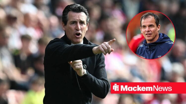 Unai Emery points at Regis Le Bris in a circular inset.