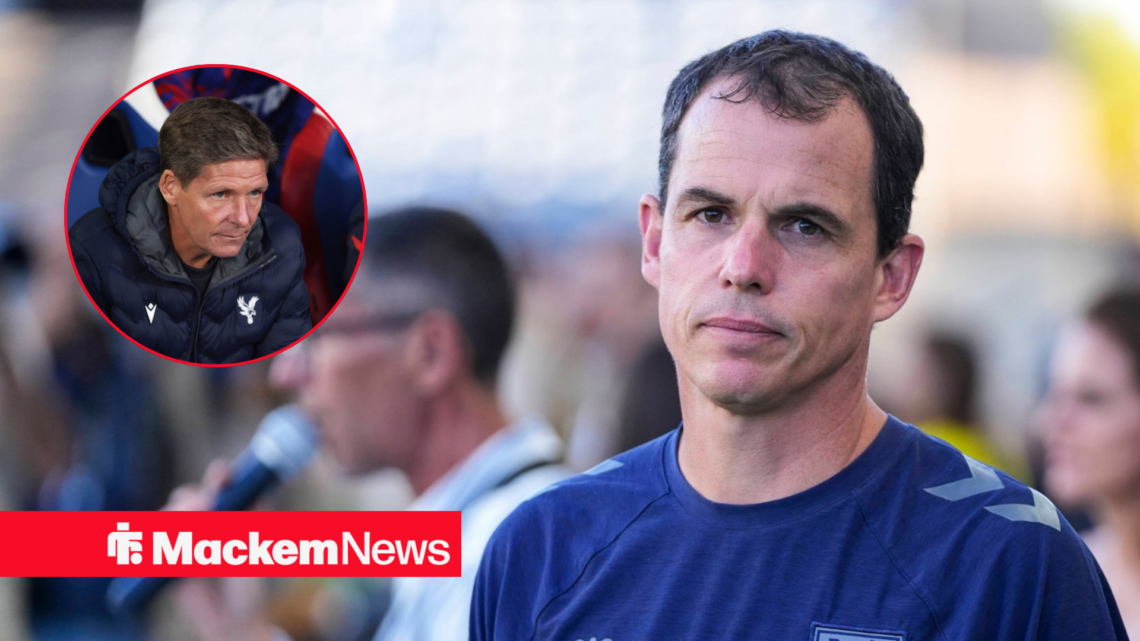 Oliver Glasner looks towards Sunderland manager Regis Le Bris.