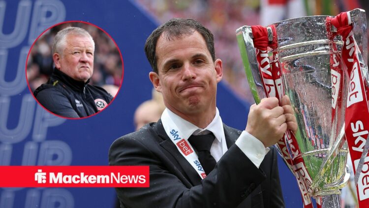Regis Le Bris lifting play-off trophy with Chris Wilder in frame