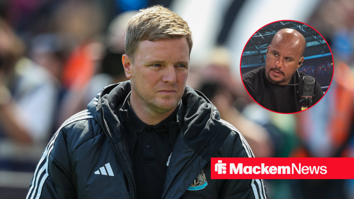 Eddie Howe looks sad with Gabby Agbonlahor in a circular inset.