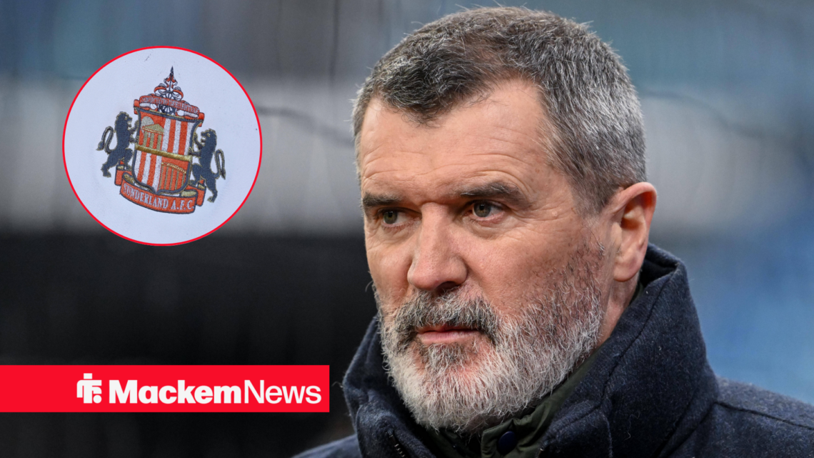 Roy Keane looking neutral with Sunderland badge in frame