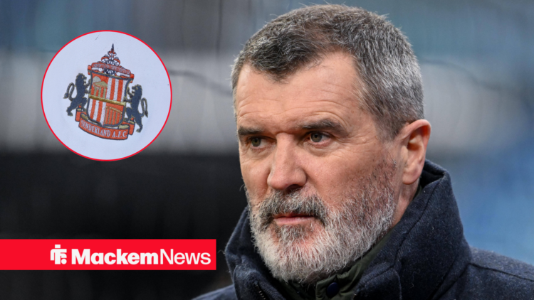 Roy Keane looking neutral with Sunderland badge in frame
