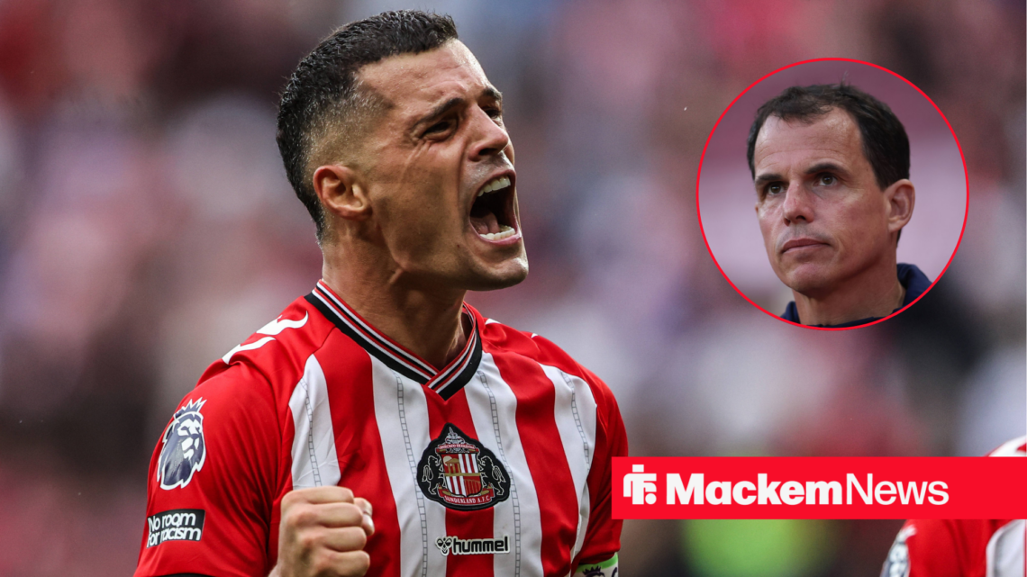 Granit Xhaka roars in Sunderland home strip, with Regis Le Bris in a circular inset.