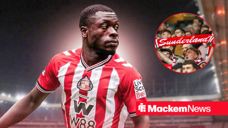 Brian Brobbey in a Sunderland shirt, with fans in a circular inset.