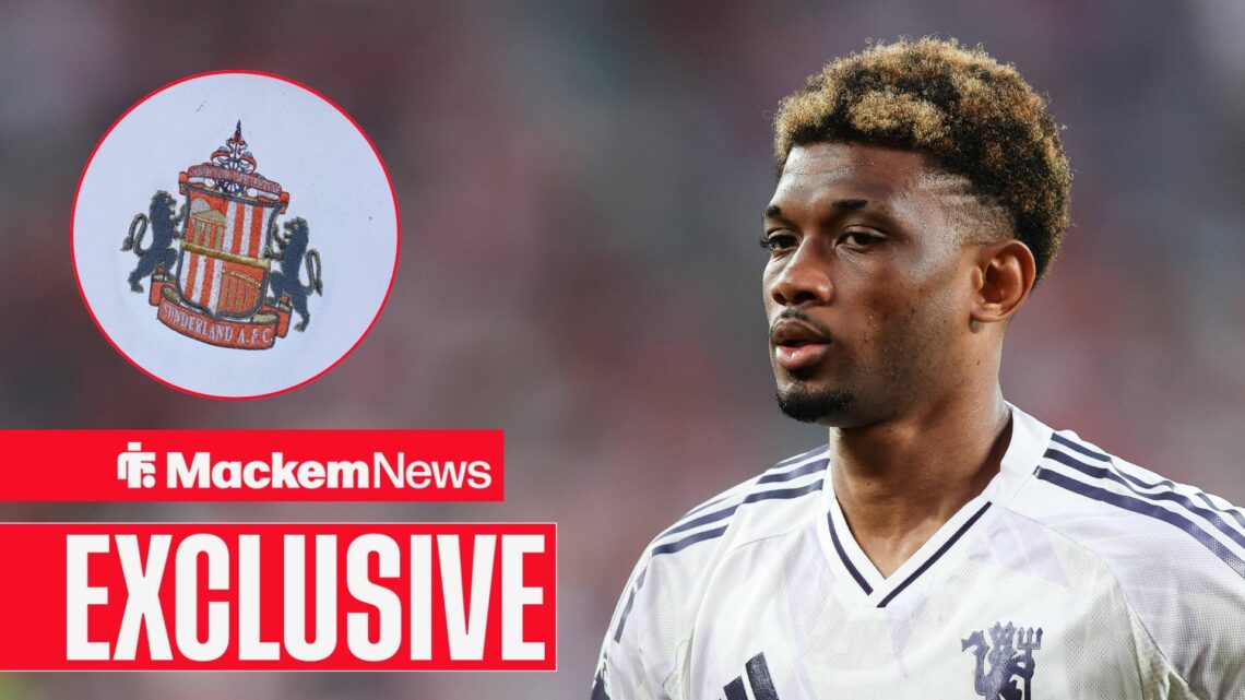 Amad Diallo in Man United kit with Sunderland badge in frame