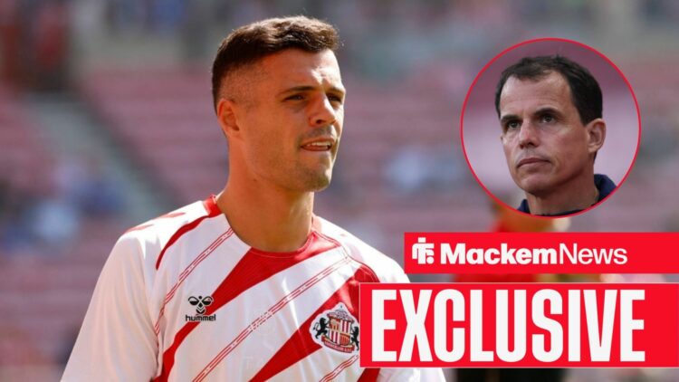Granit Xhaka looks towards Regis Le Bris in a circular inset.