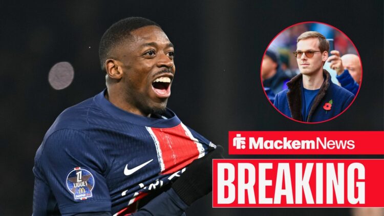 Ousmane Dembele holds the PSG badge with Kyril Louis-Dreyfus in a circular inset.