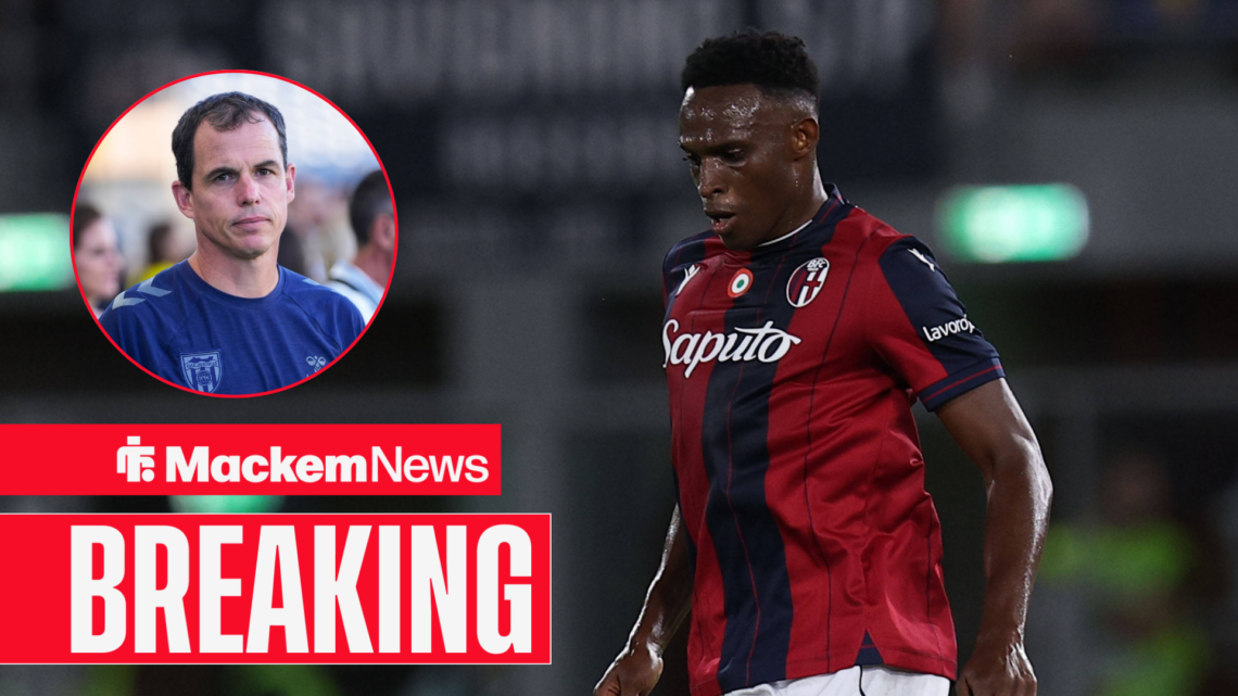 Jhon Lucumi plays for Bologna with Regis Le Bris in a circular inset.