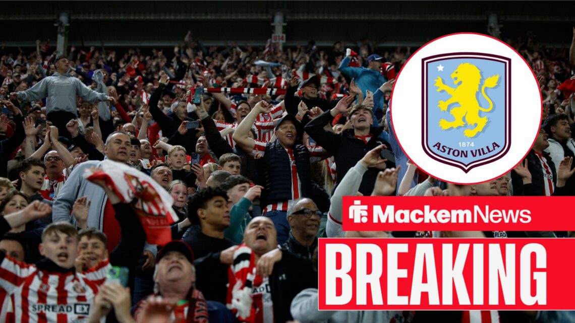 Sunderland supporters celebrate with Aston Villa badge in circular inset.