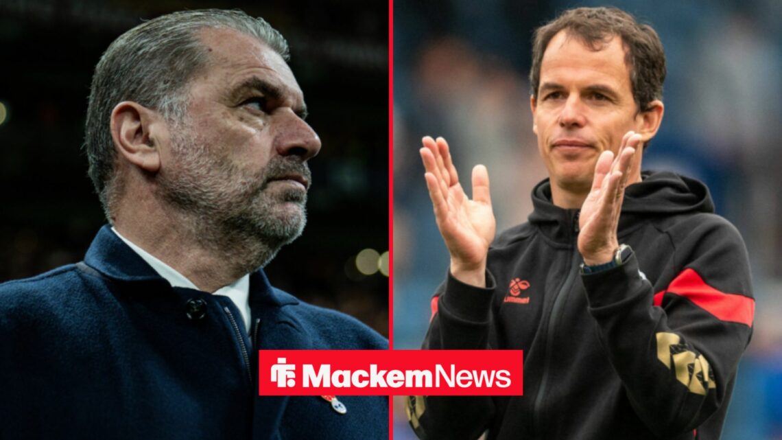 Ange Postecoglou and Regis Le Bris looking towards each other
