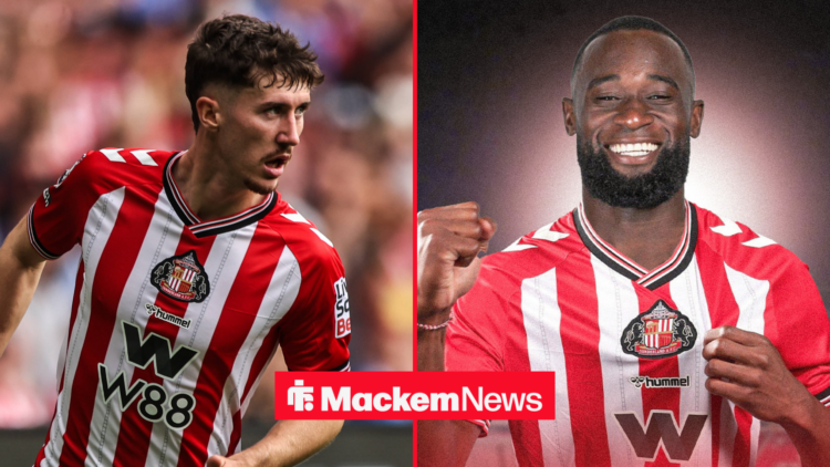 Trai Hume and Lutsharel Geertruida in Sunderland home kit