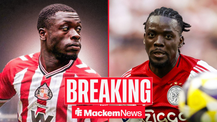 Brian Brobbey in Sunderland shirt with Bertrand Traore at Ajax