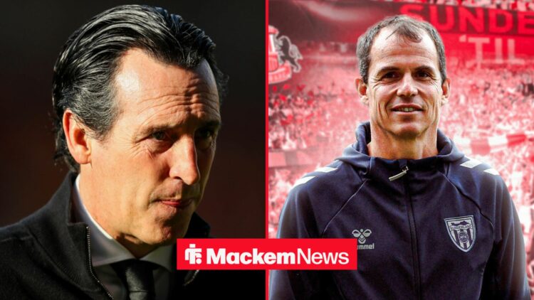 Unai Emery looking concerned and Regis Le Bris smiling