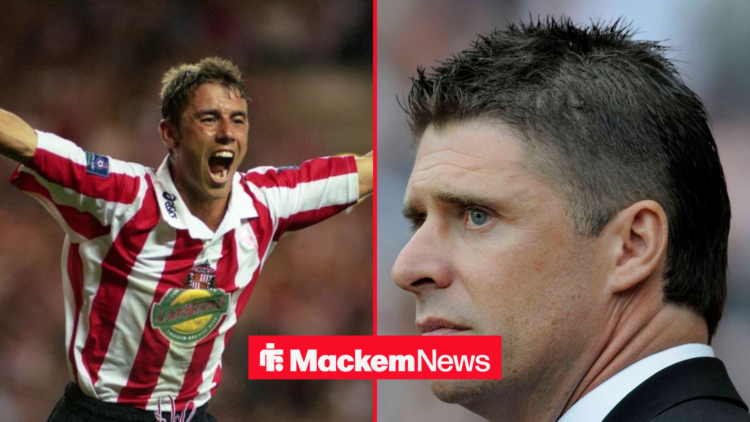 Kevin Phillips celebrates while Niall Quinn looks at him.