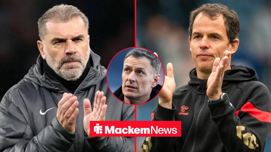 Chris Sutton in central frame with Ange Postecoglou and Regis Le Bris appluading