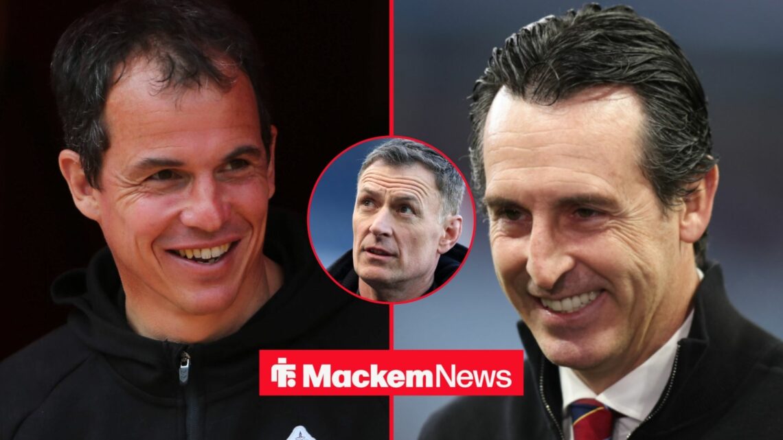 Chris Sutton in frame with Regis Le Bris and Unai Emery smiling