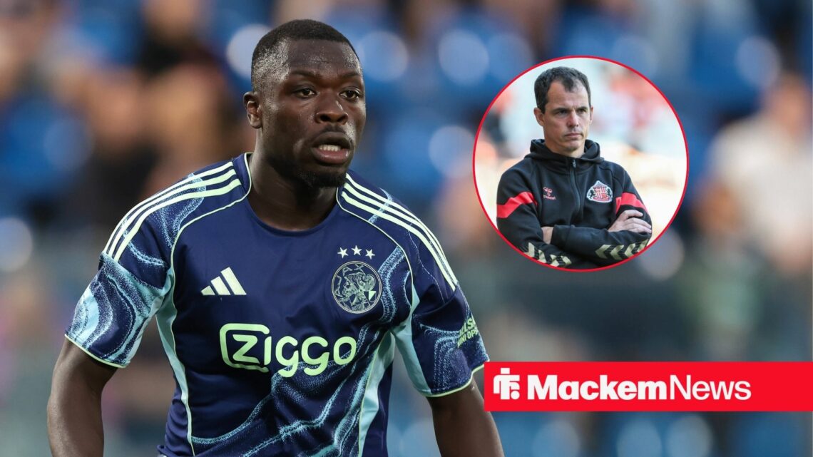 An image of Ajax striker Brian Brobbey with an inset of Regis Le Bris