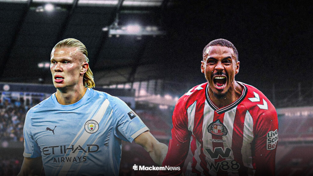 Erling Haaland in Man City kit with Wilson Isidor in Sunderland kit