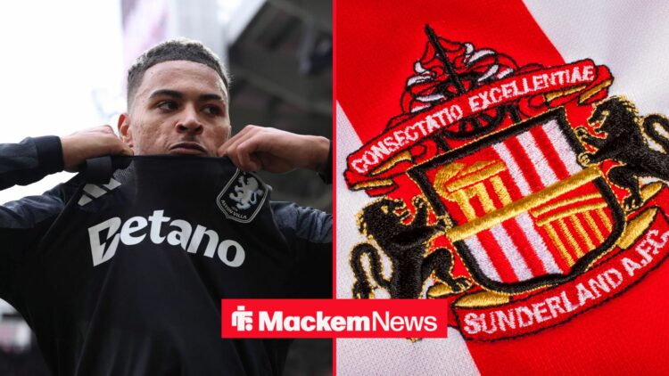 Morgan Rogers playing for Aston Villa in left inset with Sunderland badge in right inset