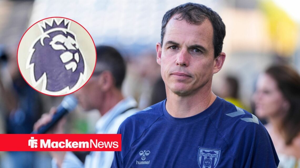 Regis Le Bris looking annoyed with Premier League badge in circle