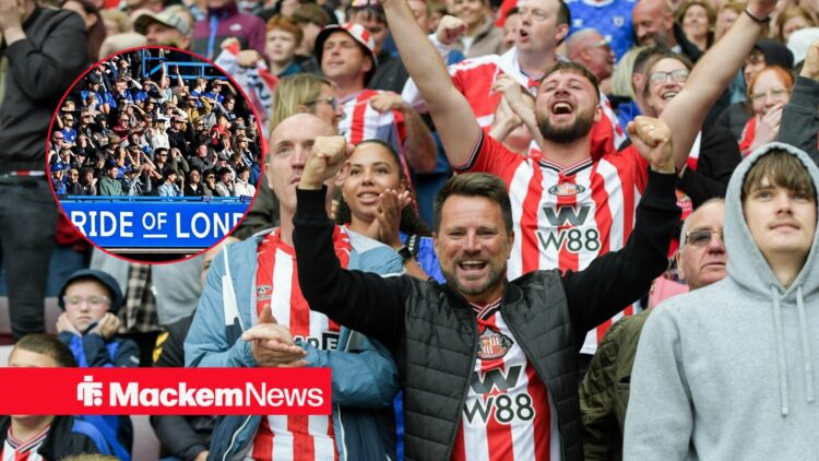 Sunderland fans celebrate, with Chelsea fans at Stamford Bridge in a circular frame