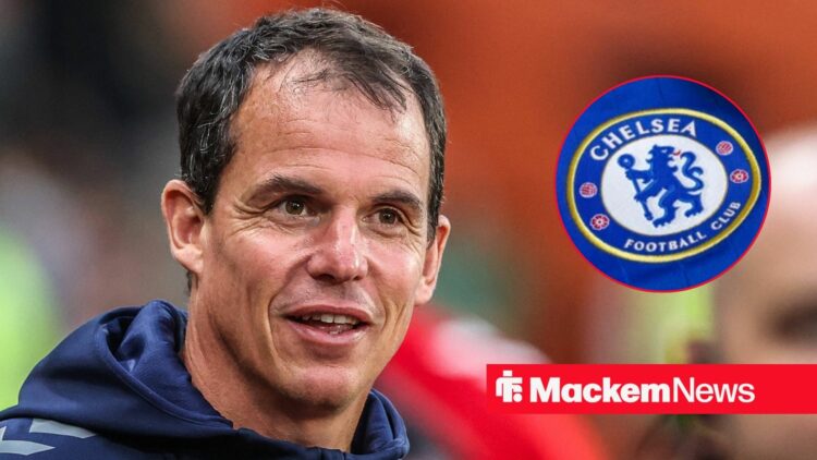 Sunderland manager Regis Le Bris smiles with Chelsea badge inset