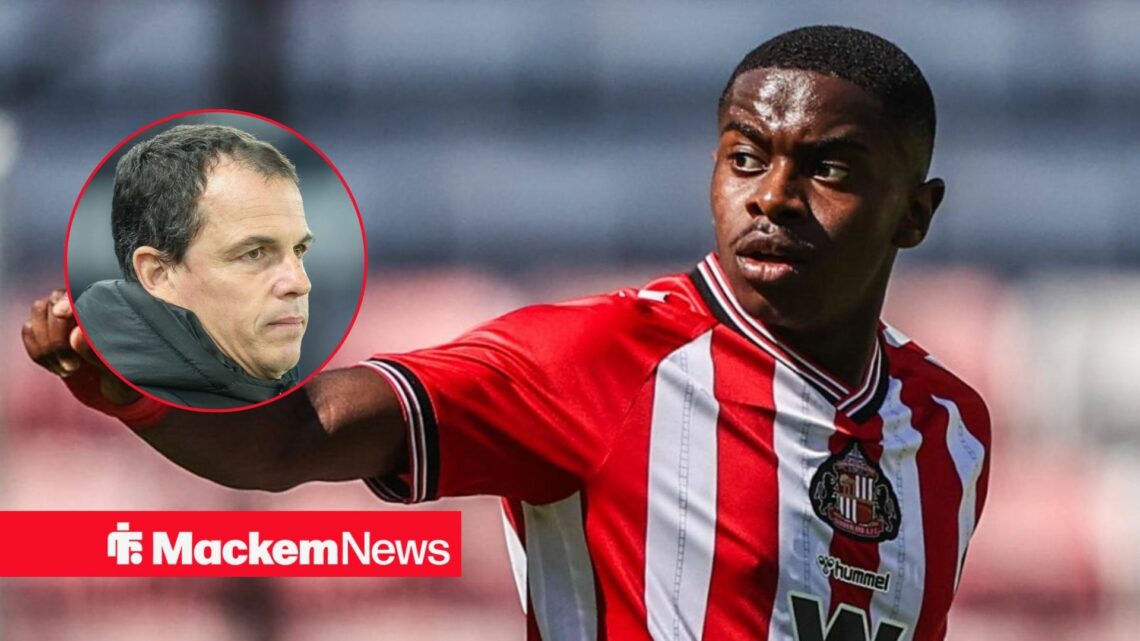 Sunderland midfielder Noah Sadiki with Regis Le Bris inset