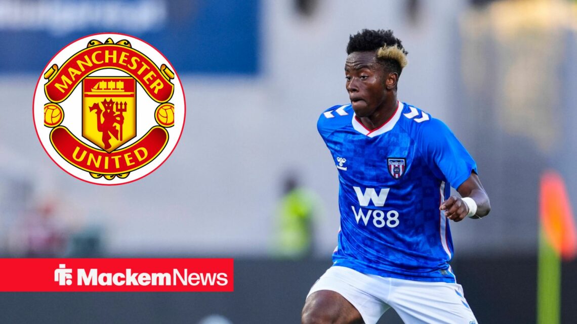 Simon Adingra alongside a circle inset of the Man United badge.