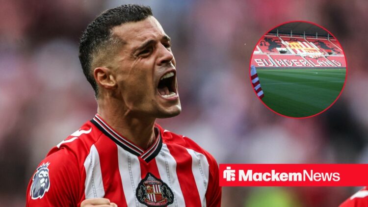 Granit Xhaka alongside a circle inset of the Stadium of Light.