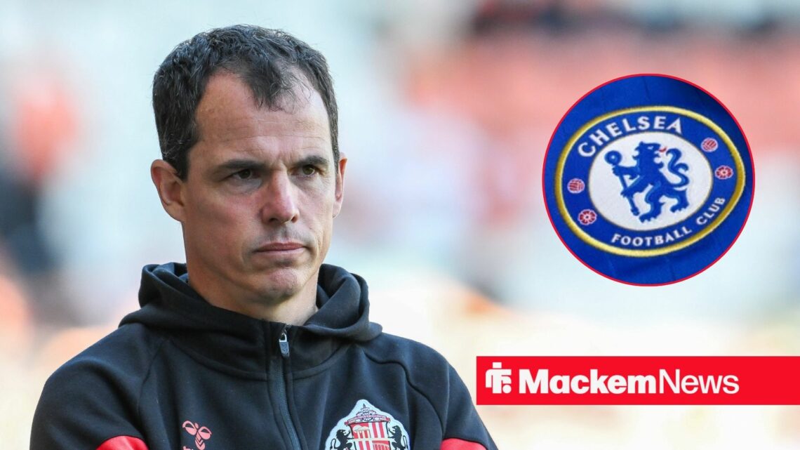 Sunderland manager Regis Le Bris with Chelsea badge inset