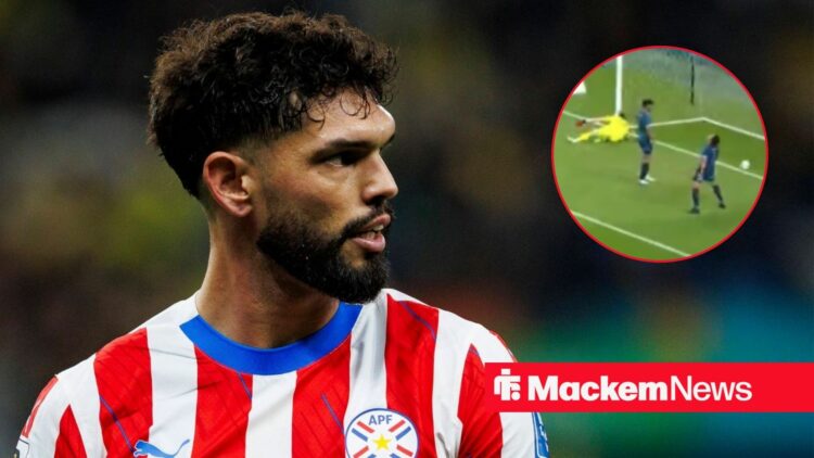 Omar Alderete playing for Paraguay looking towards a circle inset of him playing against South Korea