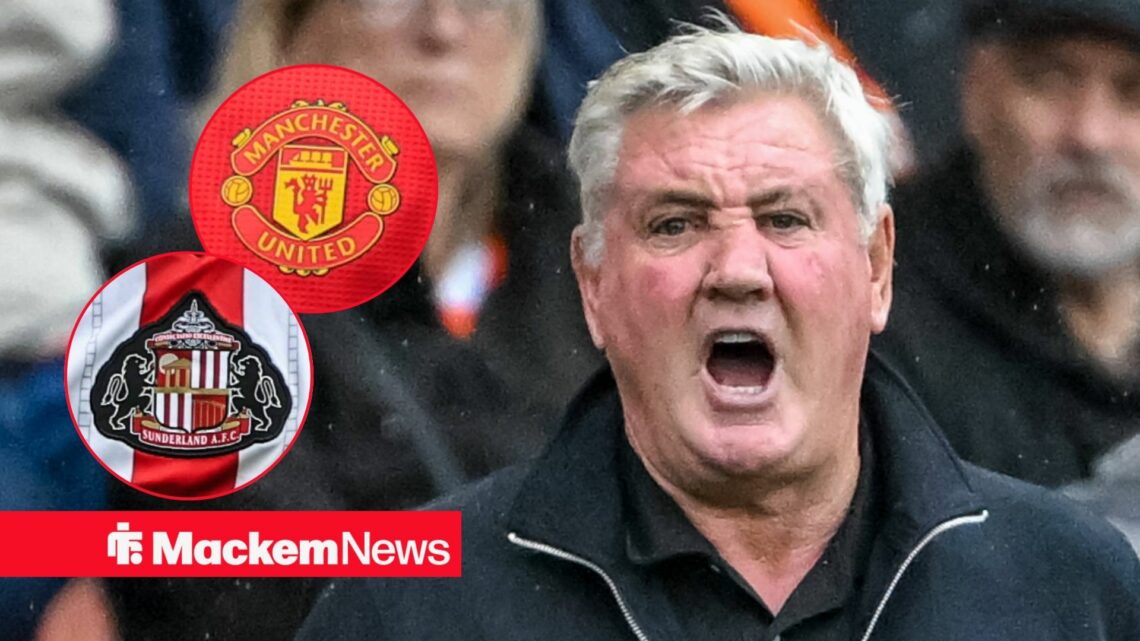 Steve Bruce shouting with Man United and Sunderland badges in frame