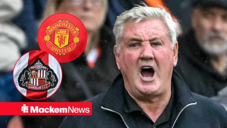 Steve Bruce shouting with Man United and Sunderland badges in frame