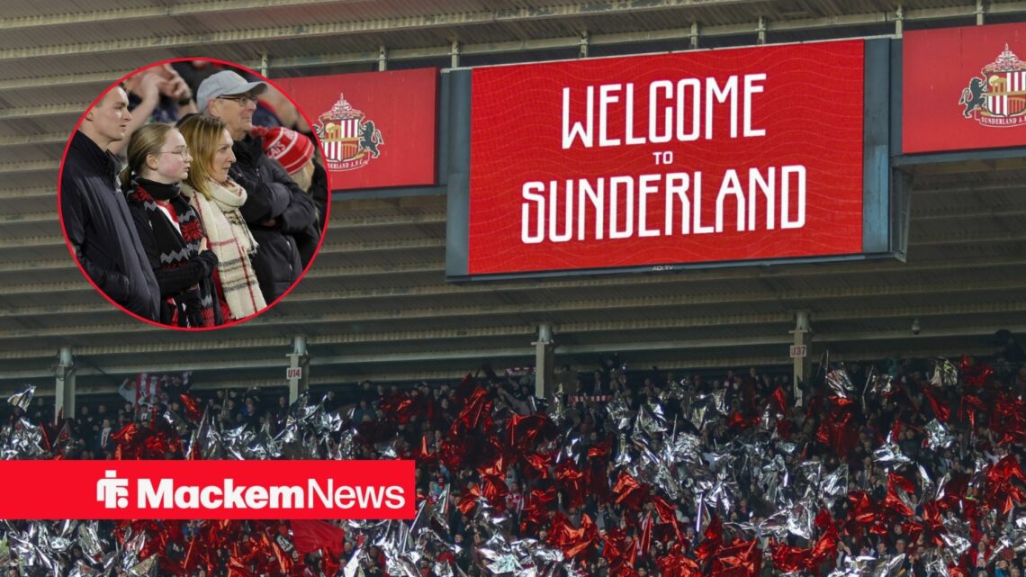 An image of the Stadium of Light, with Sunderland fans watching on in a circular frame