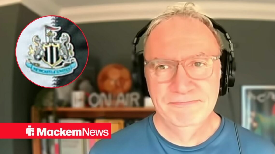 Kieran Maguire looking straight-faced towards a Newcastle United badge in a circle inset