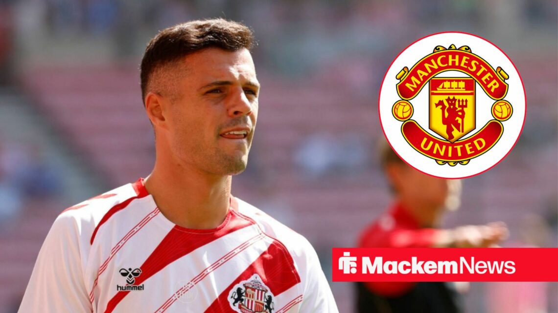 Granit Xhaka alongside a circle inset of the Manchester United badge.