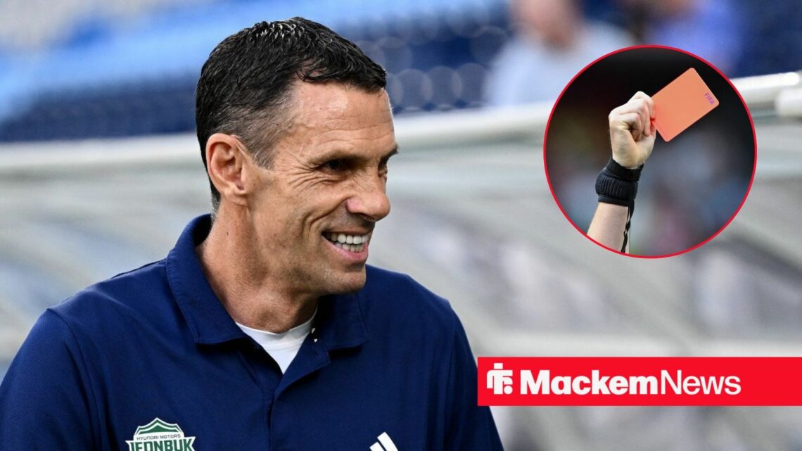 Former Sunderland manager Gus Poyet grins with red card in circle inset