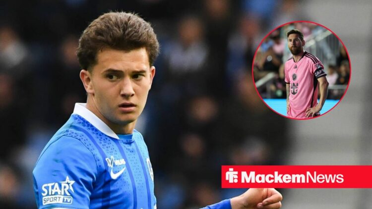 Konstantinos Karetsas alongside a circle inset of Lionel Messi.