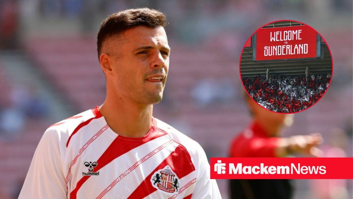 Granit Xhaka alongside a circle inset of Sunderland fans.