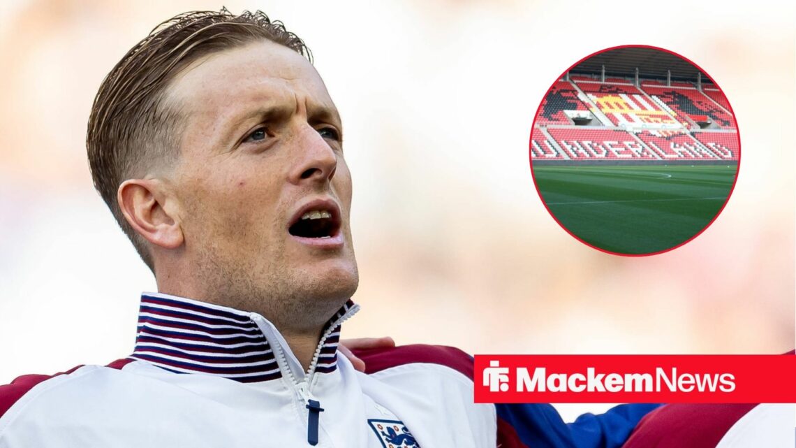 Jordan Pickford in England gear with Stadium of Light in frame