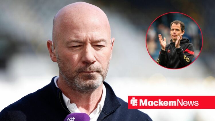 Alan Shearer alongside a circle inset of Regis Le Bris.