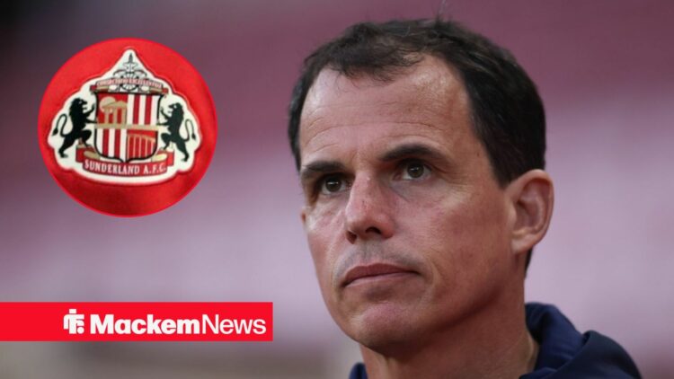 Regis Le Bris looks at the Sunderland badge in a circular inset.