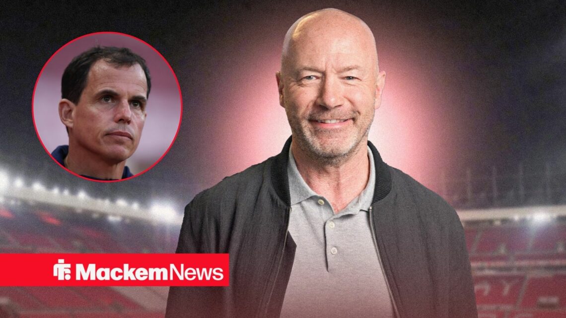 Alan Shearer smiles with Regis Le Bris in a circular inset.