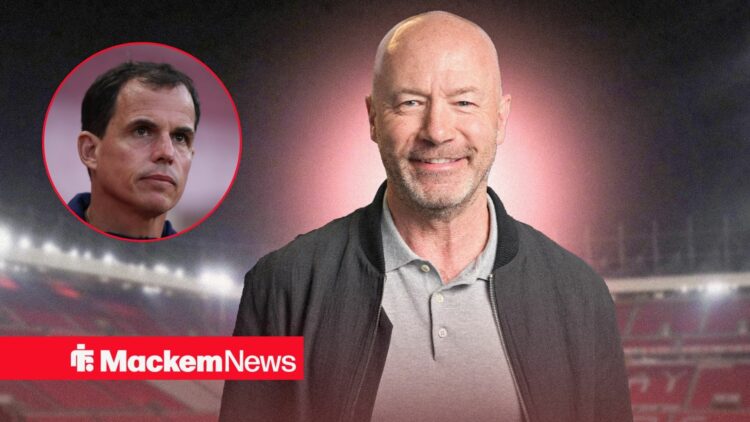 Alan Shearer smiles with Regis Le Bris in a circular inset.