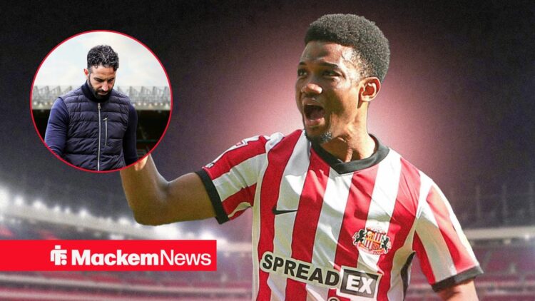 Amad Diallo celebrates for Sunderland, with Ruben Amorim in a circular inset.