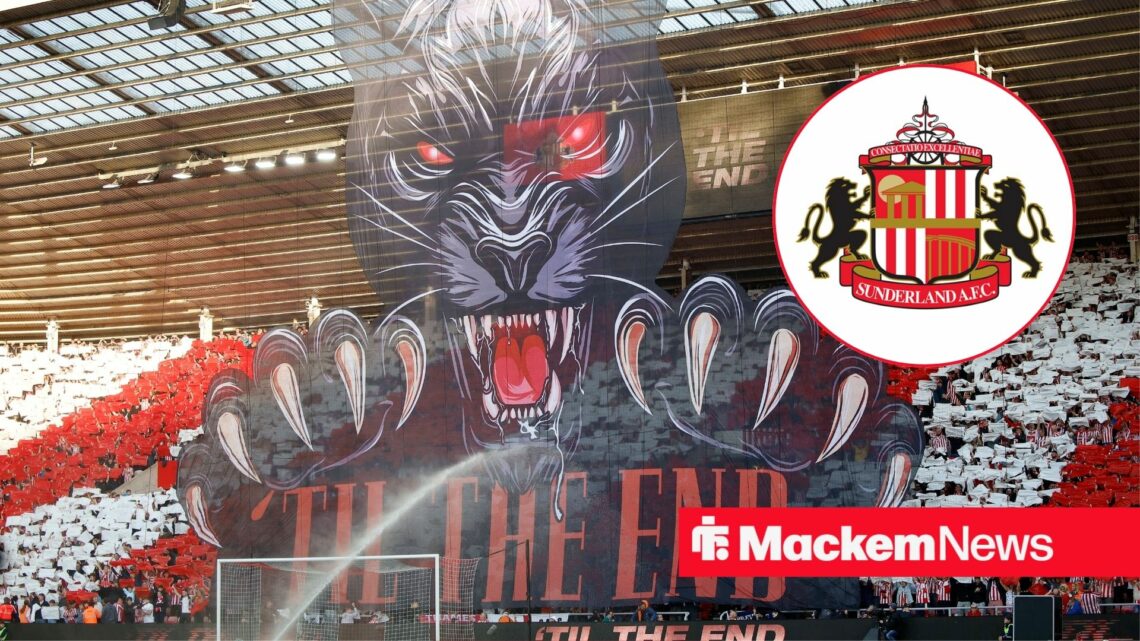 Sunderland fans holding a baner at the Stadium of Light with the Sunderland badge looming.